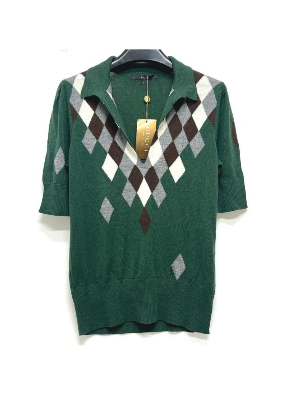 Gucci Polo Shirt Diamond Pattern Argyle Sweater Cotton Green